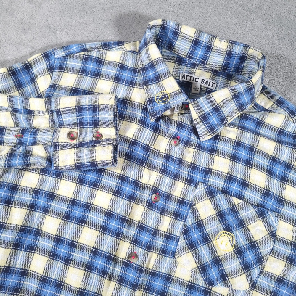 Attic Salt Shirt Mens Large Blue Yellow Plaid‎ Button Down Graphic Back Flannel
